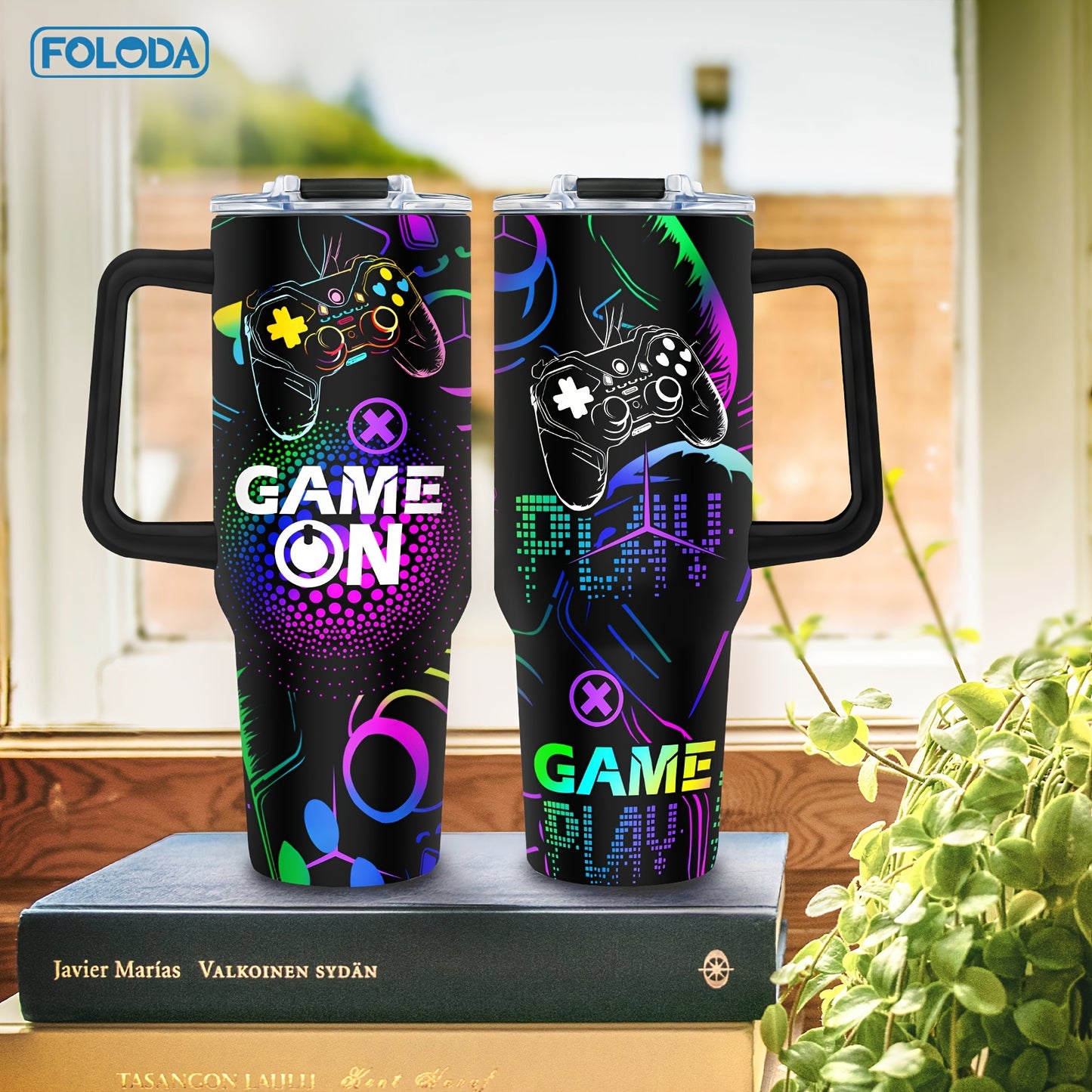 Foloda 40oz Stainless Steel Gaming Tumbler - Perfect Gamer Gift for Men & Boys, Includes Handle, Lid & Straw - Ideal for Outdoor Camping, Travel, Birthday & Christmas