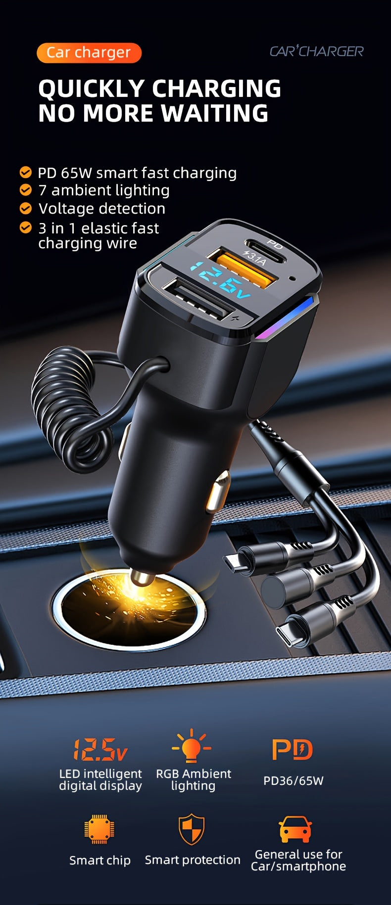 65W 3-port USB PD Fast Car Charger (K4) QC3.1 Type C 3-in-1 Car Charger 2 USB Charging Ports + 1 Type C Fast Charging Micro Usb Type C