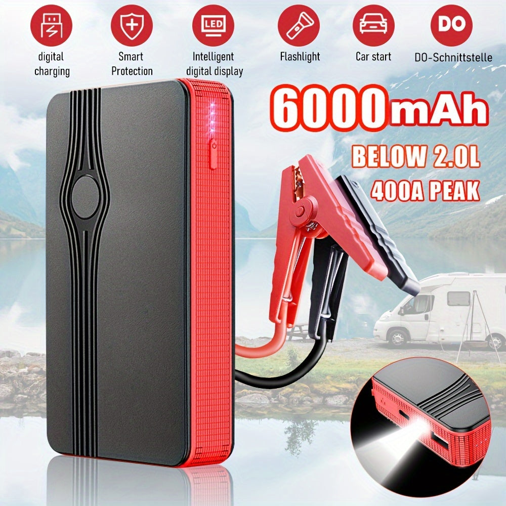 Portable Car Jump Starter - 12V 400A/600A Peak, 6000mAh/10000mAh Power Bank, Emergency Car Charger for 2.0L Gas Vehicles