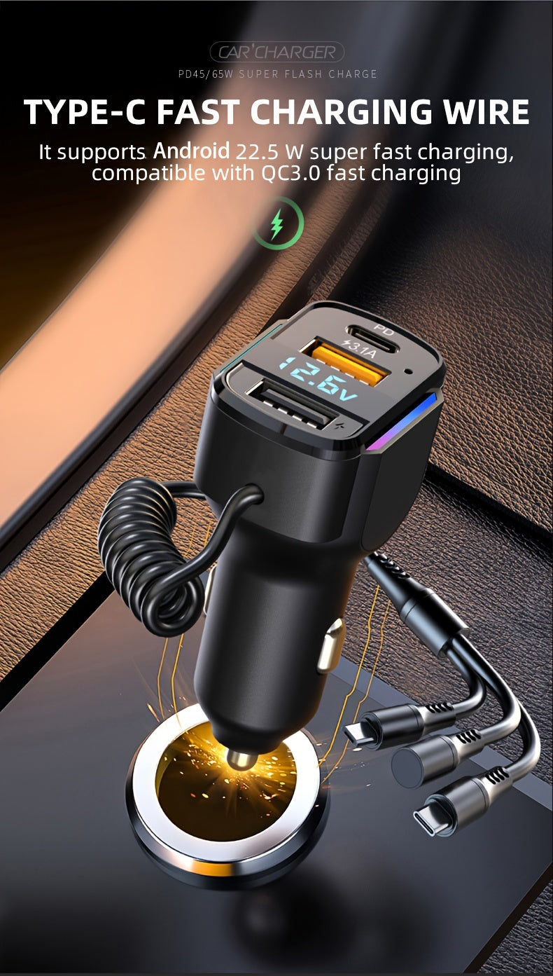 65W 3-port USB PD Fast Car Charger (K4) QC3.1 Type C 3-in-1 Car Charger 2 USB Charging Ports + 1 Type C Fast Charging Micro Usb Type C