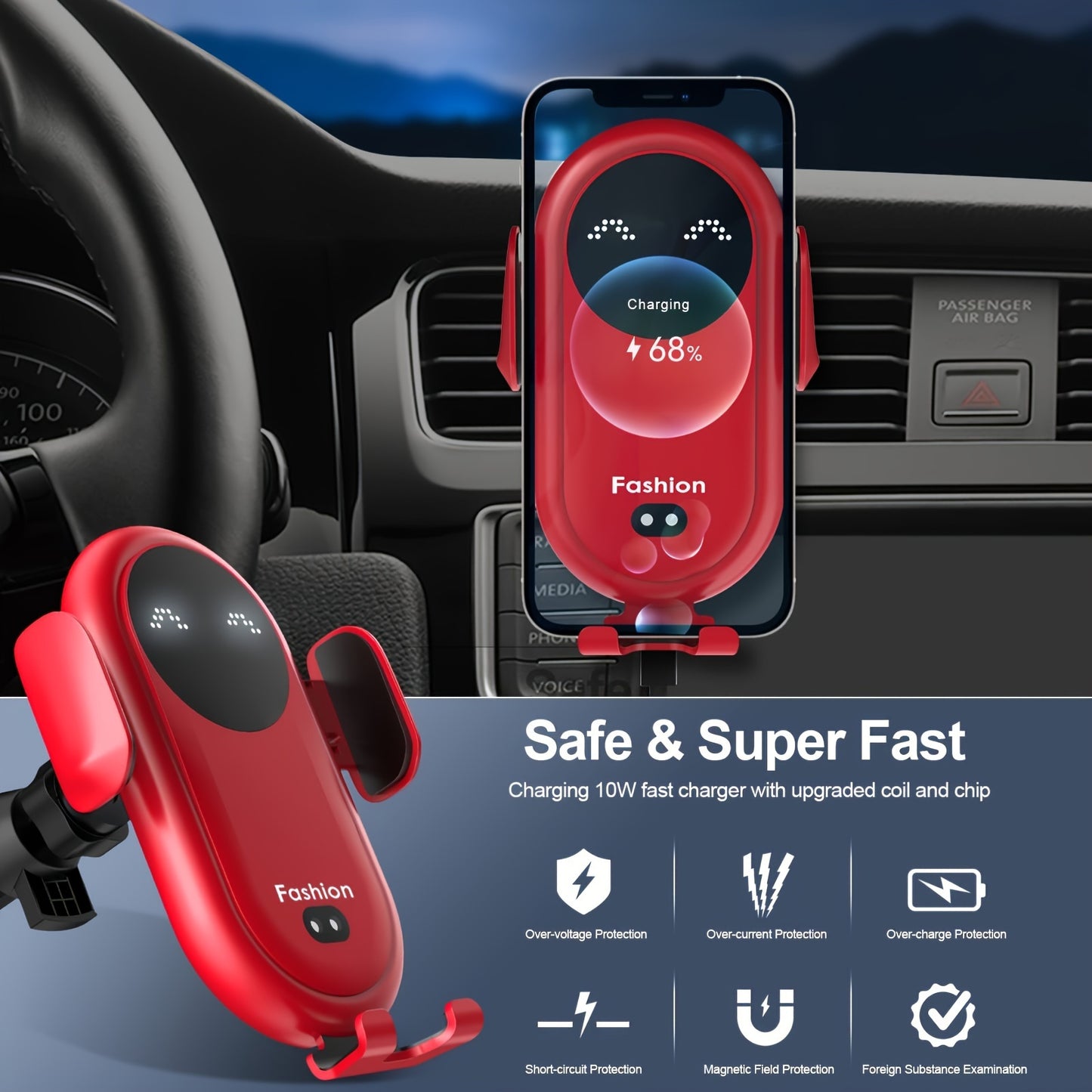 Fast Charging Wireless Car Charger - Automatic Clamping Phone Holder with Car Air Outlet Bracket