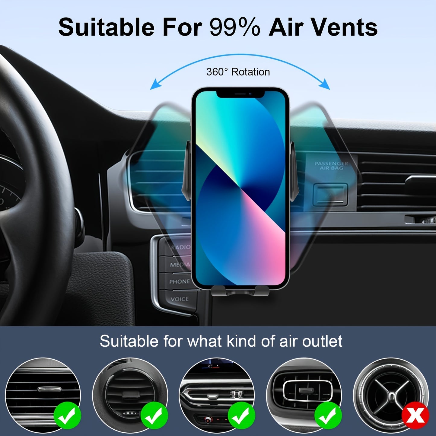 Fast Charging Wireless Car Charger - Automatic Clamping Phone Holder with Car Air Outlet Bracket