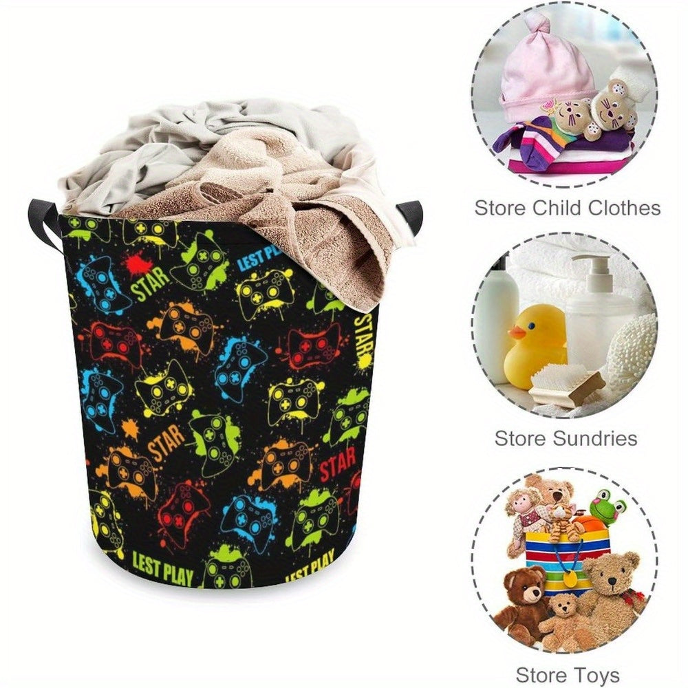 Gamer Laundry Basket with Handles - Casual Polyester Round Gamepad Storage Hamper for Bedroom, Gaming Room Decor, Dirty Clothes Organizer
