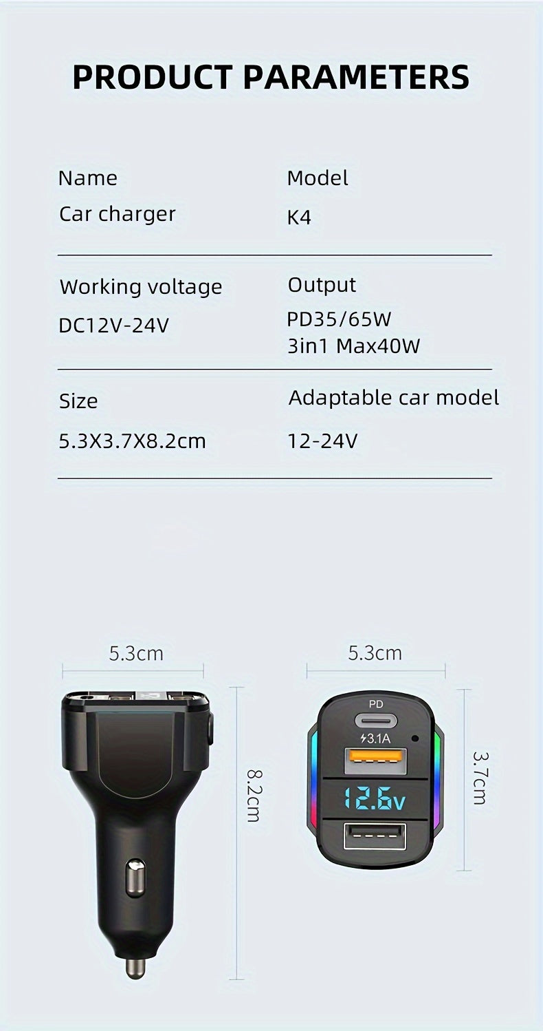 65W 3-port USB PD Fast Car Charger (K4) QC3.1 Type C 3-in-1 Car Charger 2 USB Charging Ports + 1 Type C Fast Charging Micro Usb Type C