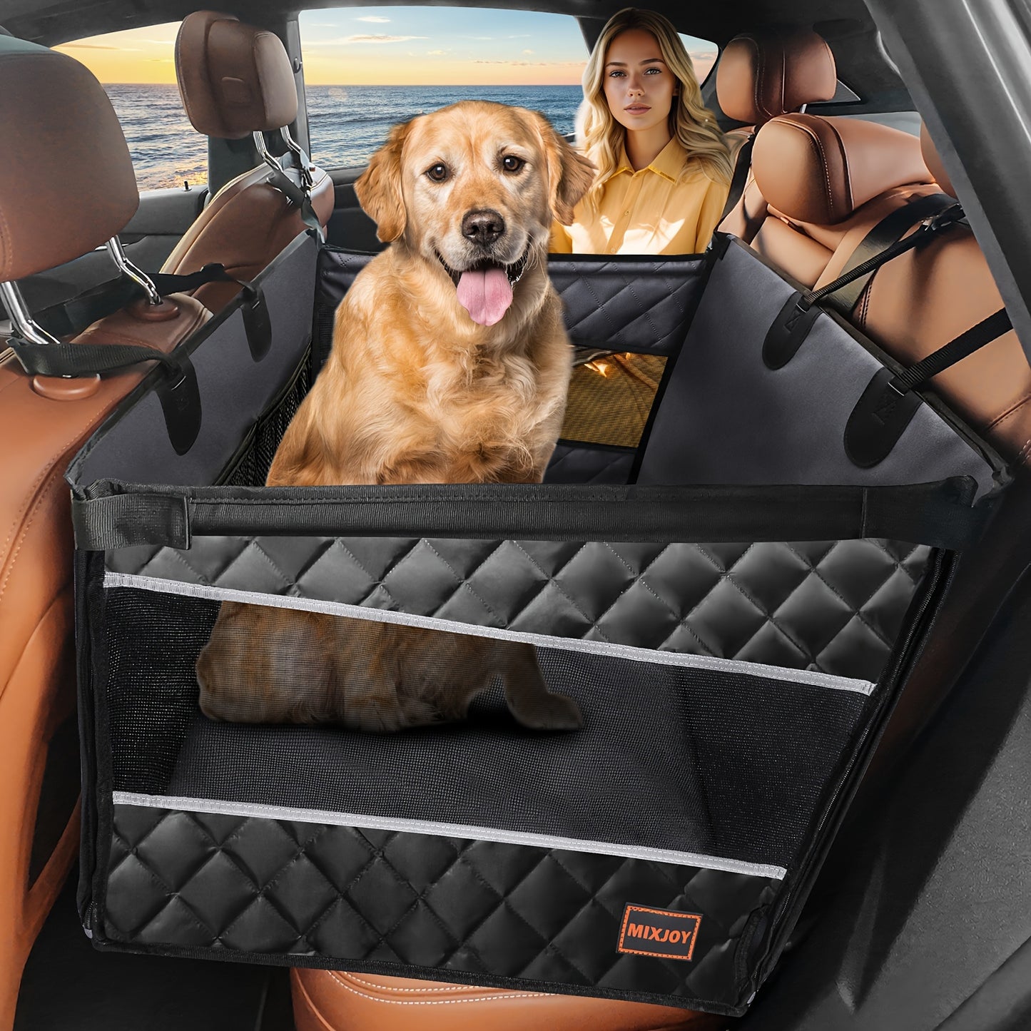 Large Dog Car Seat Extender with Waterproof Fabric - Spacious Back Seat Cover with Storage Pocket for Medium to Large Breeds, Pet Hammock for Cars/SUV/Truck (L) by MIXJOY