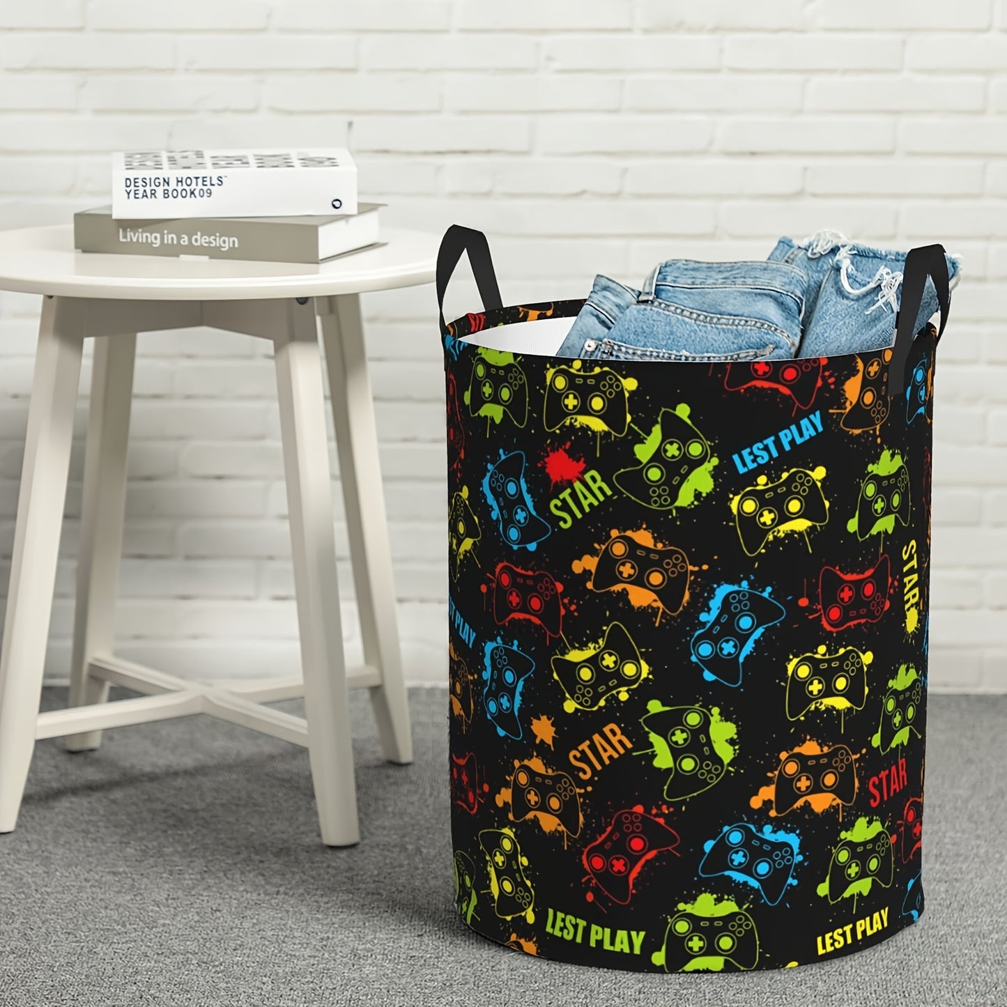 Gamer Laundry Basket with Handles - Casual Polyester Round Gamepad Storage Hamper for Bedroom, Gaming Room Decor, Dirty Clothes Organizer
