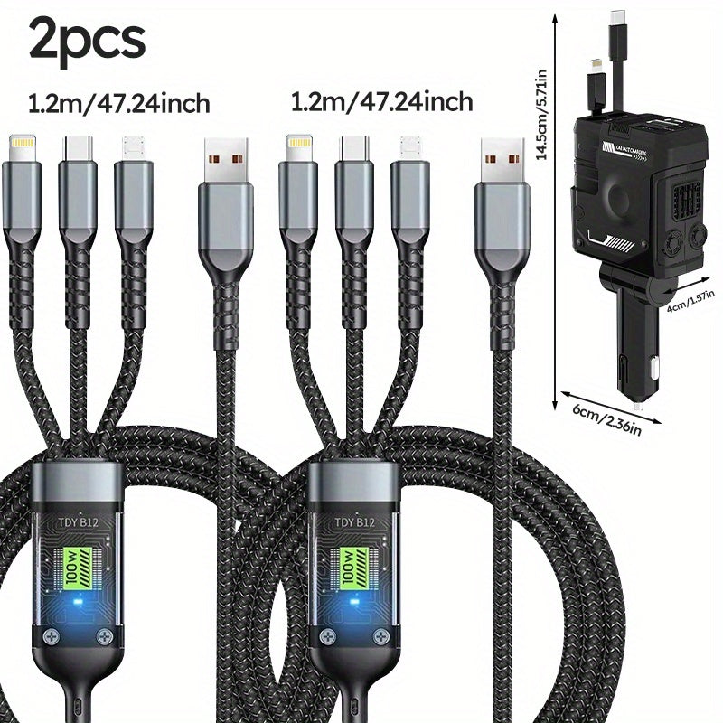 Retractable 4in 1 Fast Charging Car Charging Cable with 2pcs 3in 1 100W LED Digital Display USB cable, 4 Ports Car Charger Adapter for iPhone 15/14/13/12/11 for Galaxy Pixel and All iOS and for Android Devices - Safe and Reli