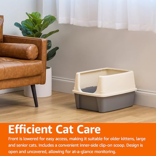Amazon Basics Large Cat Litter Box with High Sides, Open Top, Includes Scoop, 19 x 15 x 11.75 inches, Grey/Beige