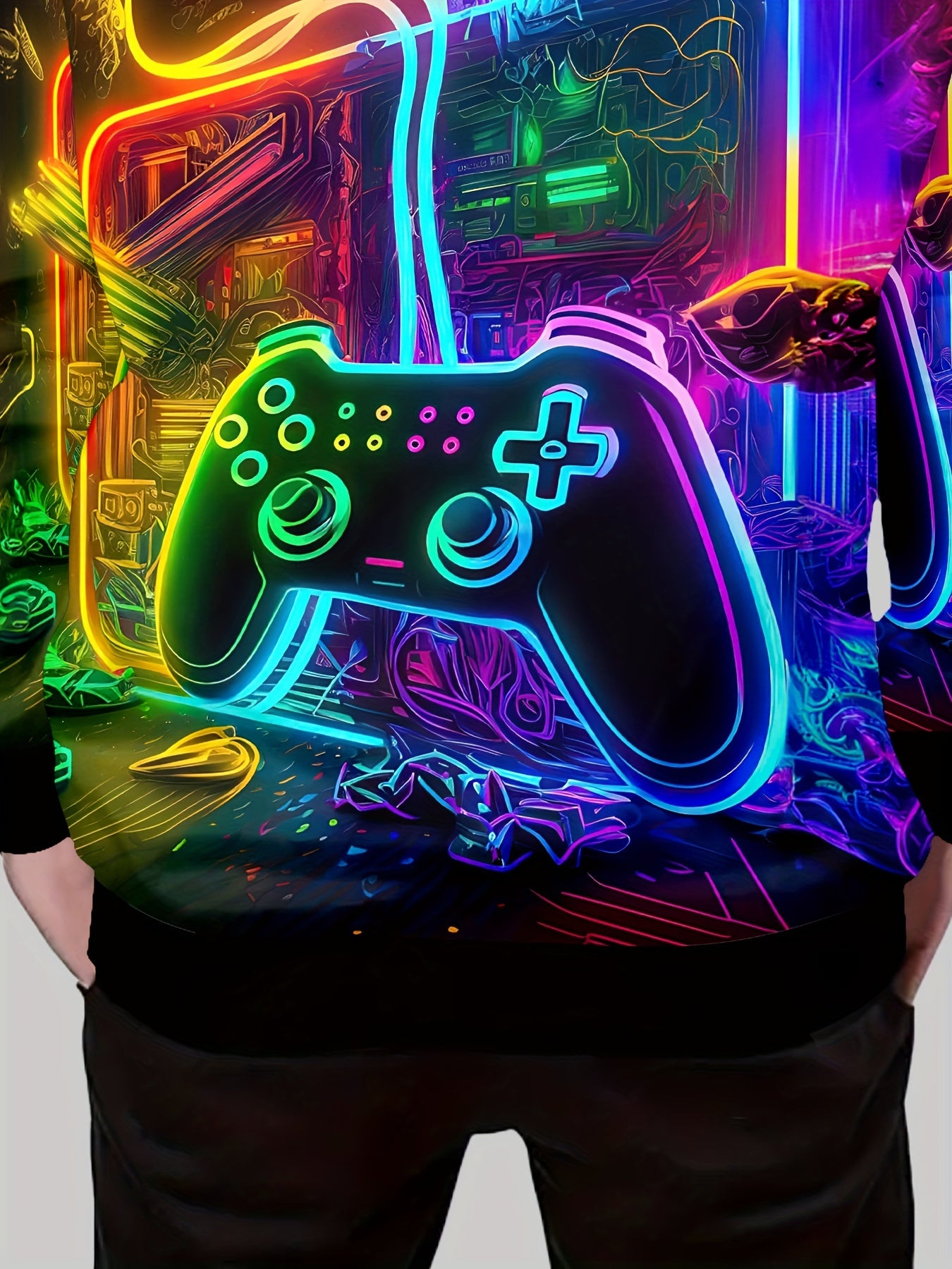 Vibrant Gamer Hoodie - Boys Long Sleeve Sweatshirt with Graphic Print, Soft Stretchy Polyester, Machine Washable, Pullover Design with Pocket for Daily Casual Wear and Outdoor Activities