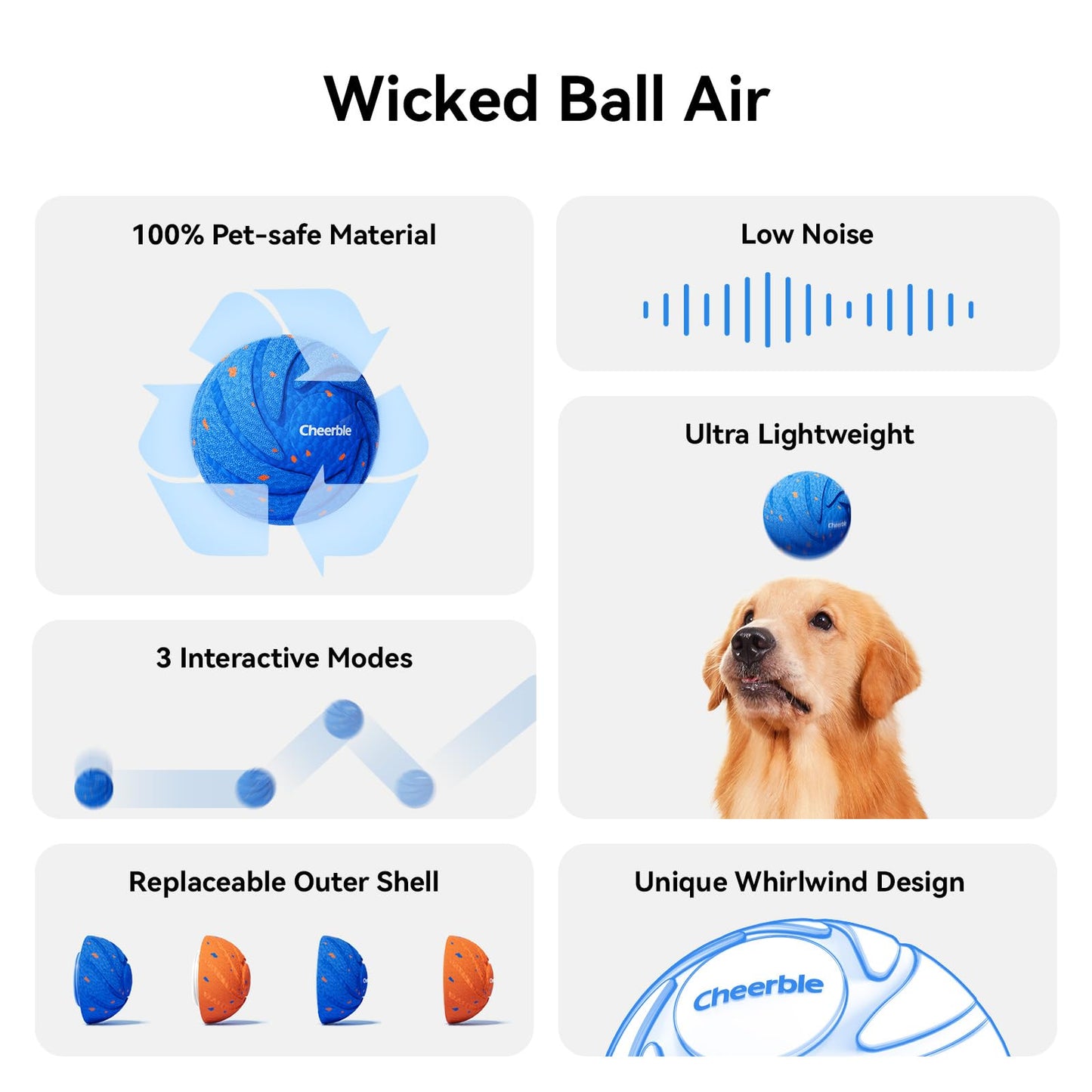 Cheerble Juguete interactivo inteligente para perros, Wicked Ball AIR, movimiento automático, rebote y rotación, material E-TPU, clasificación impermeable IPX7, bola rodante activa para perros