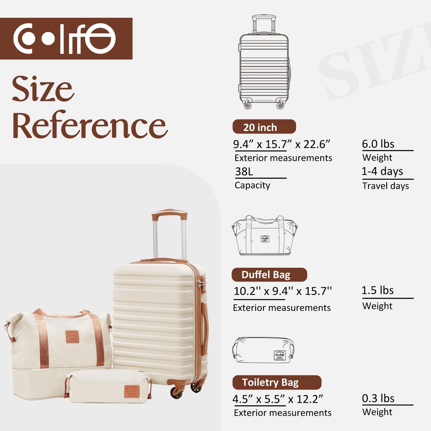 Coolife Juego de maletas de 3 piezas, juego de equipaje de mano rígido con ruedas giratorias TSA Lock, Blanco, Juego de 3 piezas (DB/TB/20), Juego de equipaje con bolsas
