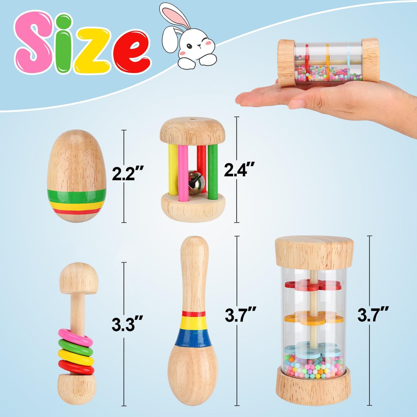 MEWTOGO 5 Pcs Wooden Bunny Toys - Safe Rabbit Toys, Multi-Colored Bite-Resistant Guinea Pigs Toys for Chinchillas Hamsters Small Animals Playing Indoor Outdoor Bunny Gifts