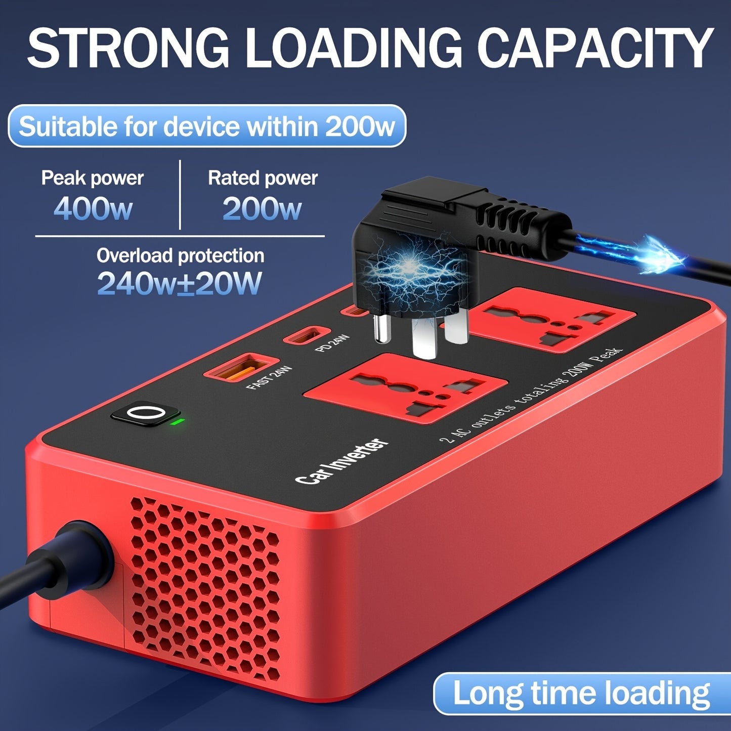 200W Car Power Inverter with 4 USB Ports, Fast Charger 12V DC to AC Converter, Type-C & QC 3.0 for Road Trips and Camping, No Battery Required, Red & Black Design, Car Charger Adapter