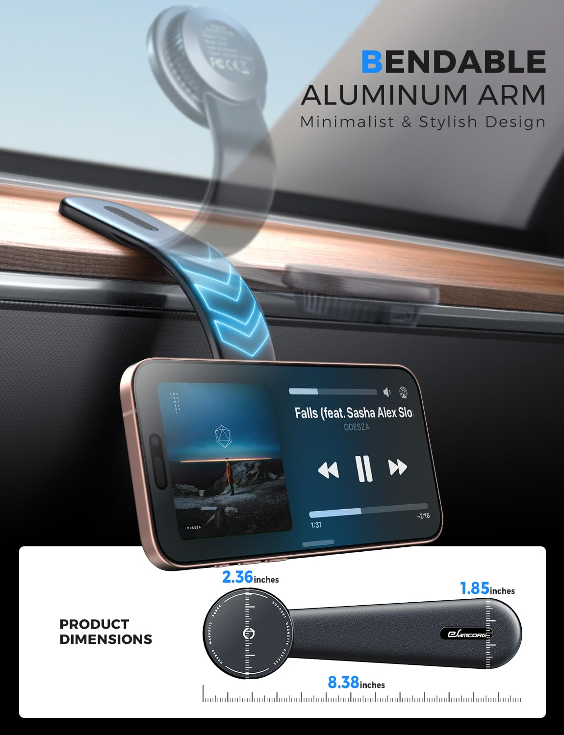 eSamcore Magsafe Cargador de montaje para automóvil, soporte magnético inalámbrico para teléfono de automóvil, desmontable de 15 W, carga rápida para tablero con brazo de aluminio flexible