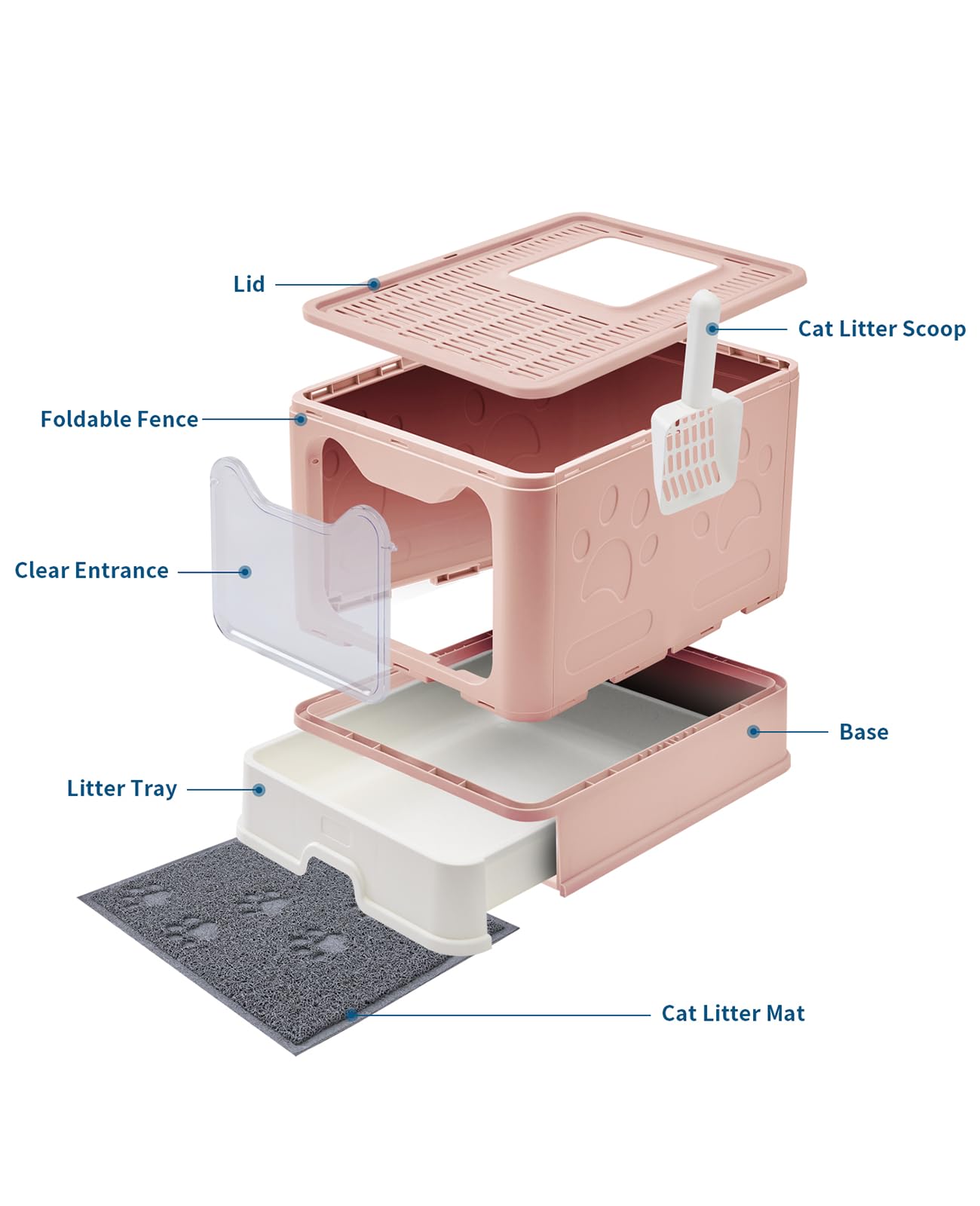 Medario Cat Litter Box with Litter Mat and Scoop, Large Foldable Litter Box with Lid, Front Entry Top Exit Kitty Box, Odor Control, Easy to Clean (Pink)