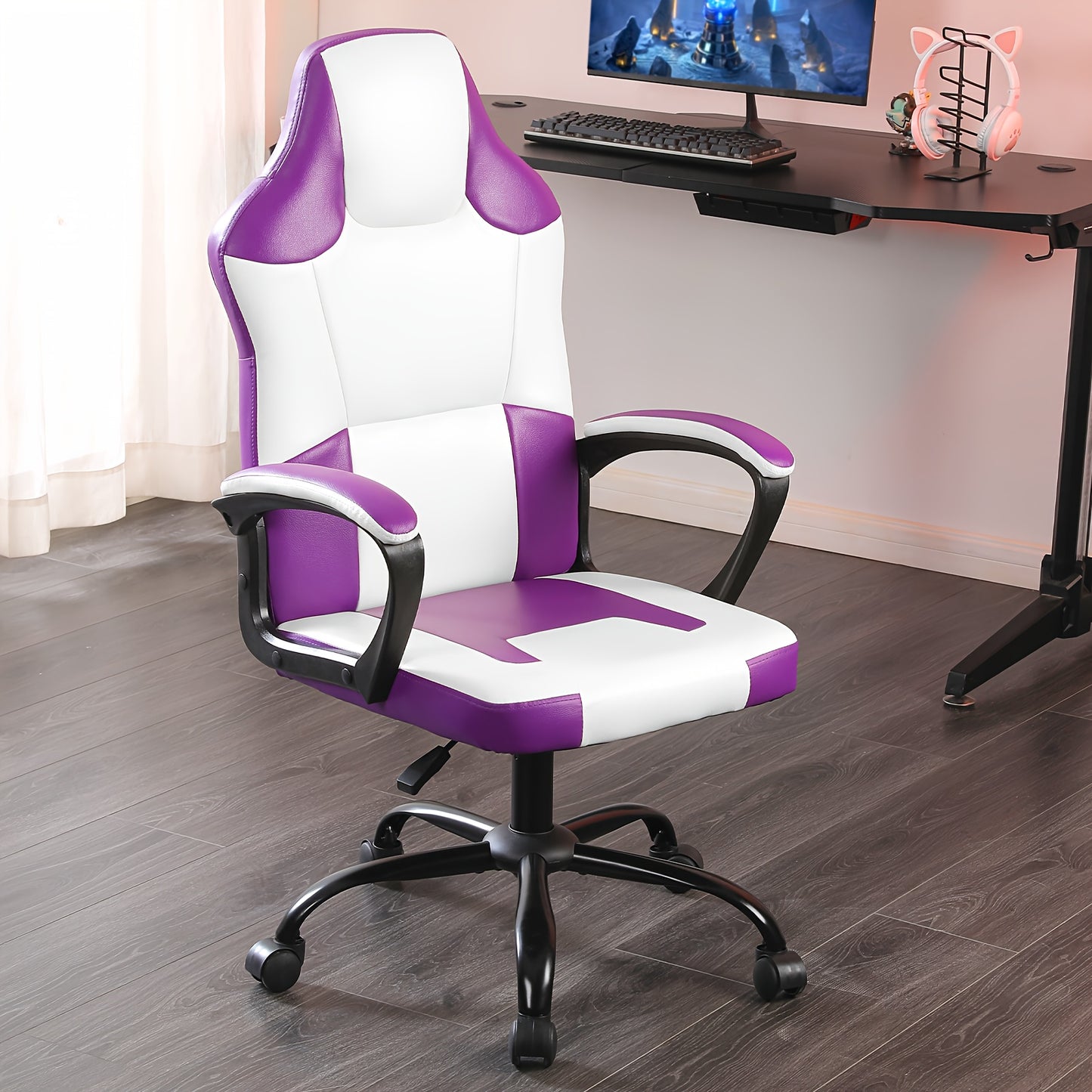Ergonomic Gaming Chair, PU Leather Video Game Chairs for Adults, Reclining Gamer Chair Office Chair, Comfortable Computer Chair for Heavy People, Purple and White