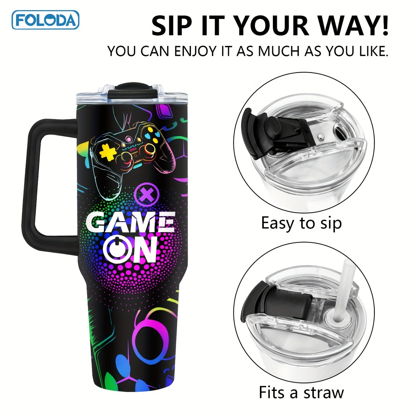 Foloda 40oz Stainless Steel Gaming Tumbler - Perfect Gamer Gift for Men & Boys, Includes Handle, Lid & Straw - Ideal for Outdoor Camping, Travel, Birthday & Christmas