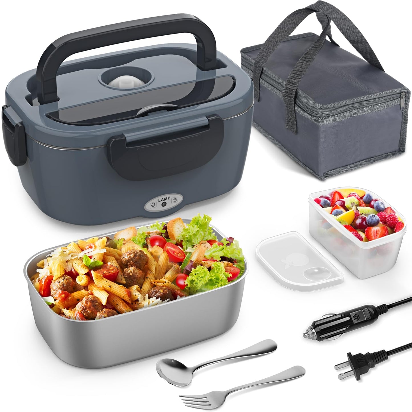 Vingud Fiambrera eléctrica, calentador de alimentos, 3 en 1 para el trabajo, coche, camión, fiambreras térmicas para adultos con recipiente de acero inoxidable de 1.5 L, 12 V, 24 V, 110 V (gris+negro)