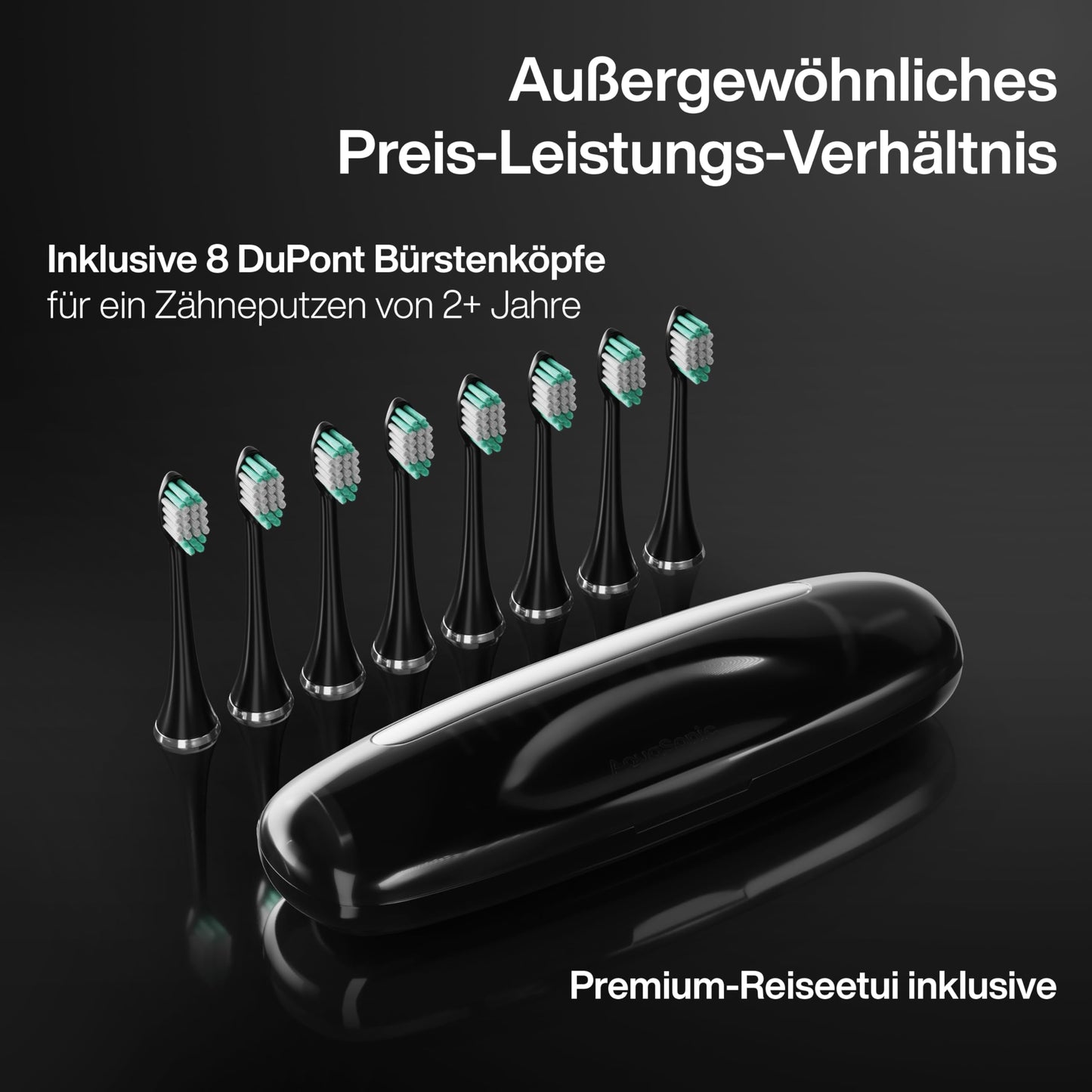Cepillo de dientes AquaSonic Black Series, ultrablanqueador, 8 cabezales de cepillo DuPont y funda de viaje incluidos, motor ultrasónico de 40.000 VPM y carga inalámbrica, 4 modos con temporizador inteligente, cepillo de dientes eléctrico moderno