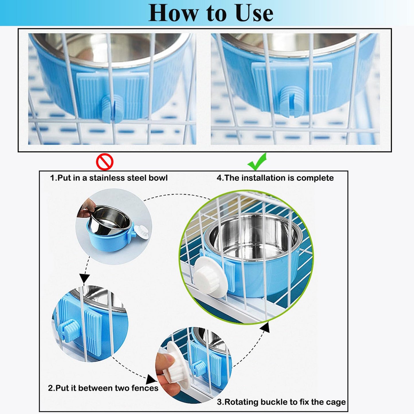 Mechpia 2 Pieces Crate Dog Bowl, Removable Stainless Steel Pet Kennel Hanging Food Water Feeder Bowl Cage Coop Cup for Puppy Medium Dog Cat Rabbit Ferret Bird (Blue,Green)
