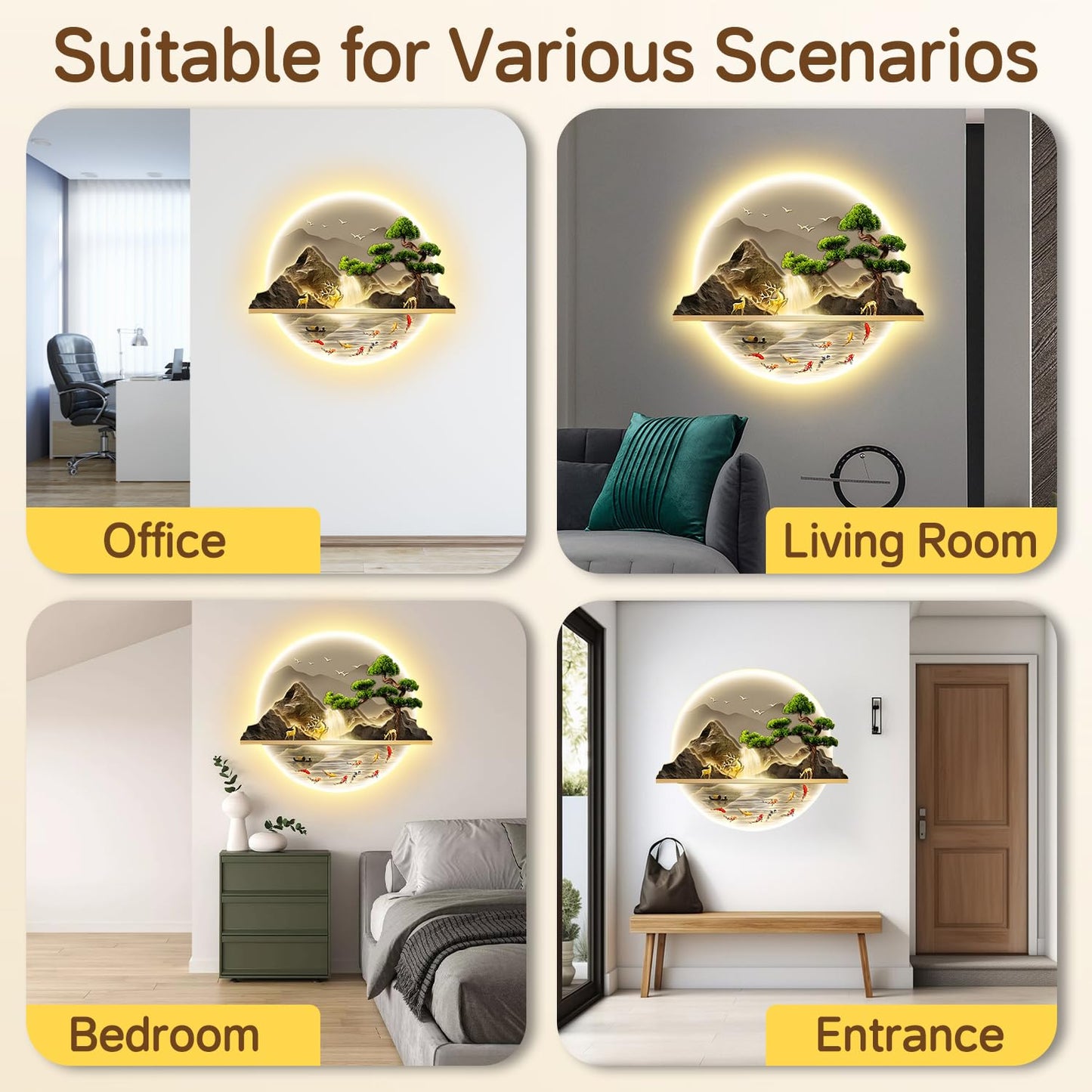 Arte de pared LED Zen, decoración de pintura de pared de peces con luz LED, arte de decoración de pared de pino acogedor, decoración de pared de paisaje 3D, para sala de estar, dormitorio