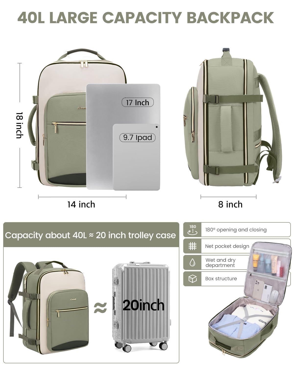 LOVEVOOK Mochila de viaje de 40 L para mujeres y hombres, equipaje de mano aprobado por aerolíneas con 3 cubos de embalaje, bolsas de noche TSA, bolsa impermeable para artículos personales