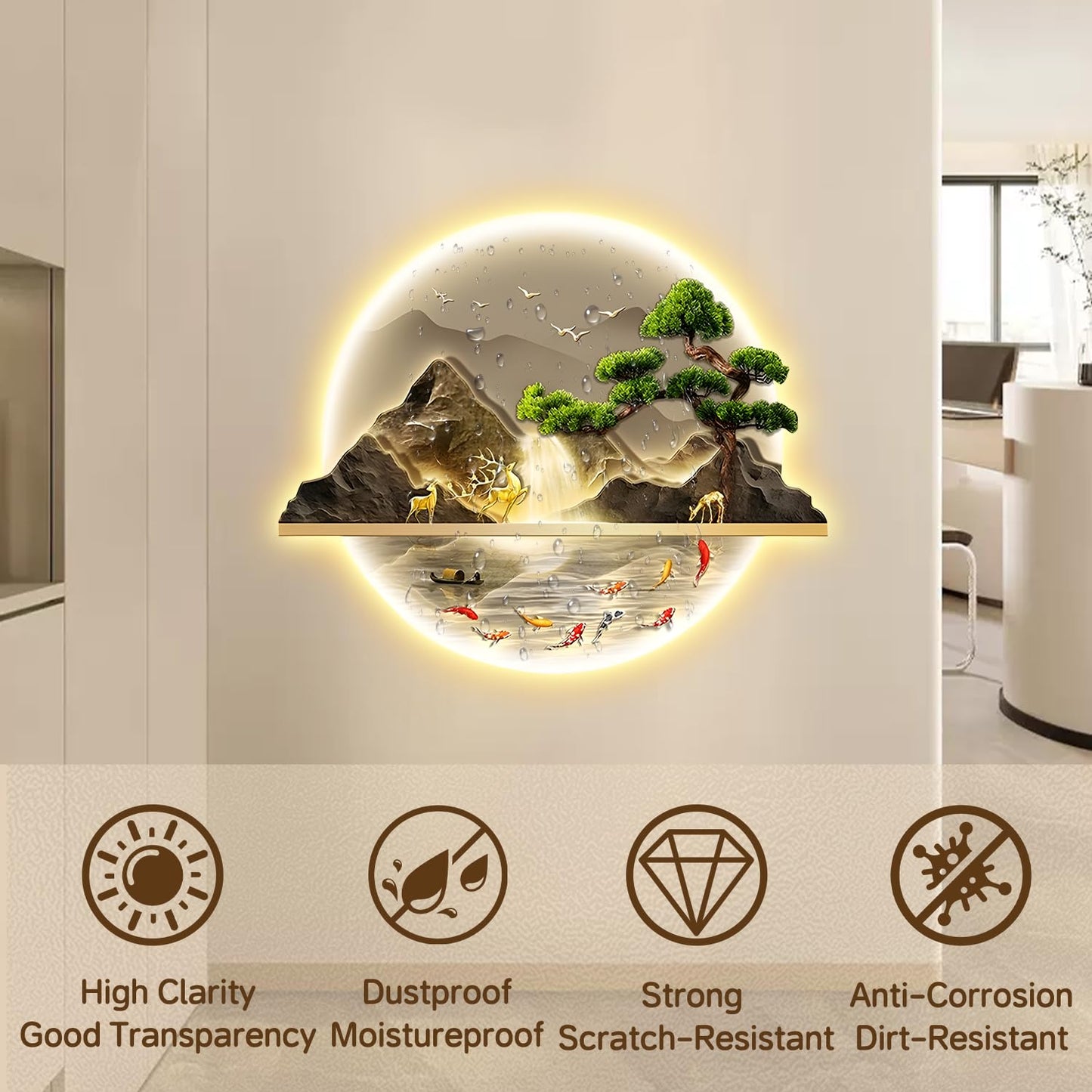 Arte de pared LED Zen, decoración de pintura de pared de peces con luz LED, arte de decoración de pared de pino acogedor, decoración de pared de paisaje 3D, para sala de estar, dormitorio