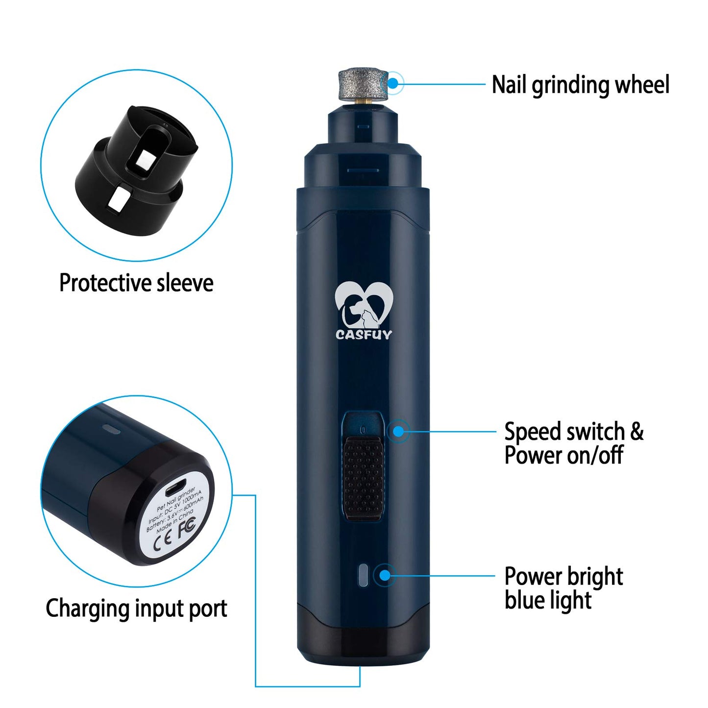 Casfuy Dog Nail Grinder Upgraded - Professional 2-Speed Electric Rechargeable Pet Nail Trimmer Painless Paws Grooming & Smoothing for Small Medium Large Dogs & Cats(Dark Blue)
