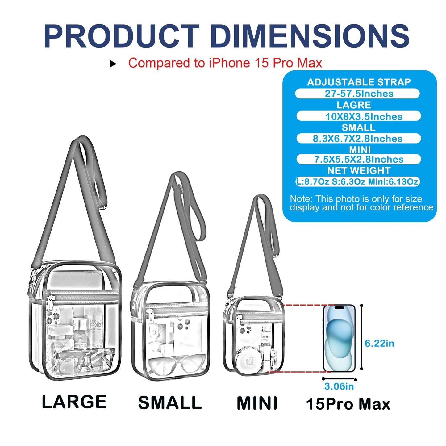 USPECLARE - Bolso bandolera transparente aprobado por estadios, para hombres y mujeres