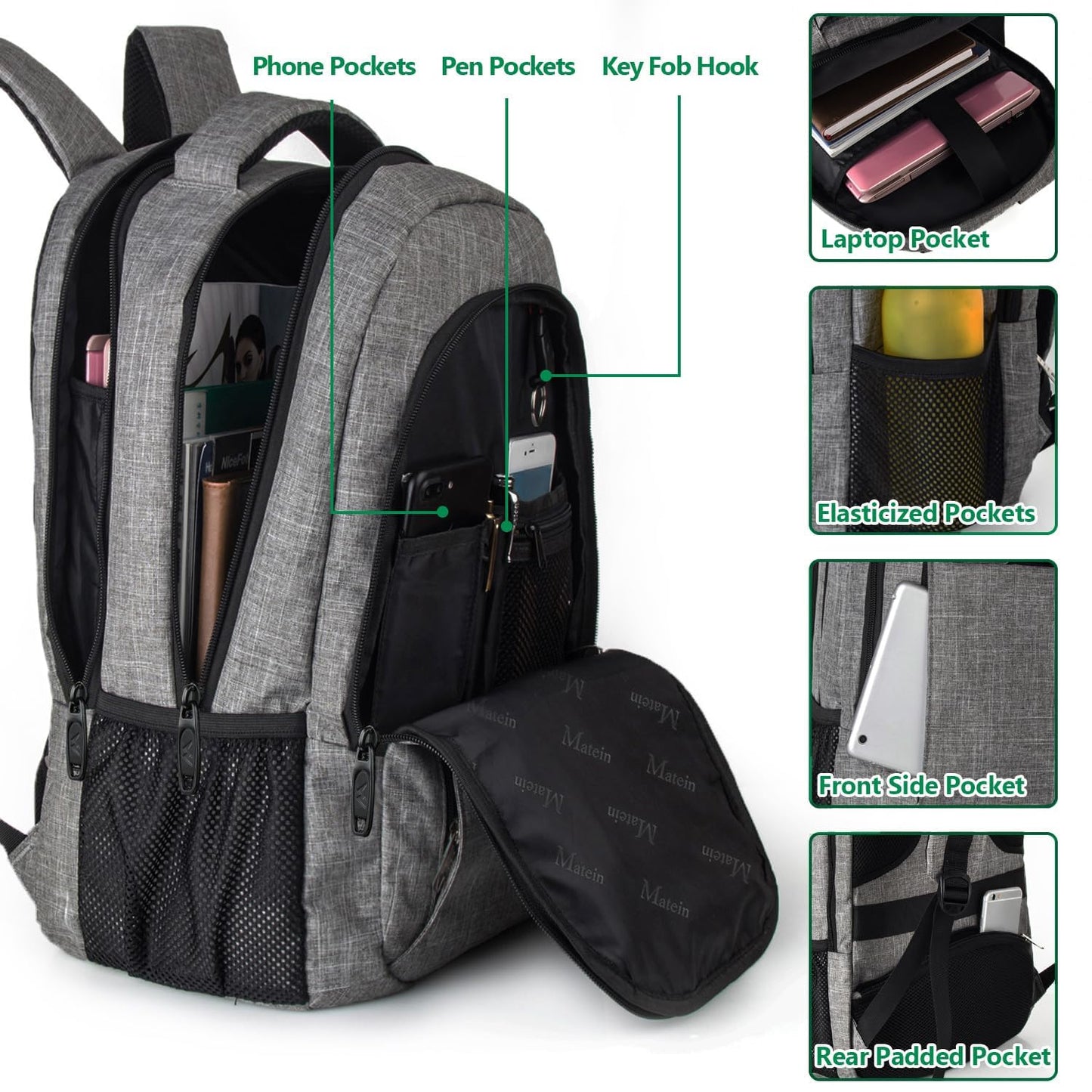 Mochila de viaje para portátil, delgada, resistente y antirrobo, con puerto de carga USB, resistente al agua, ideal para la universidad, la escuela, para hombres y mujeres, compatible con portátiles de 15,6 pulgadas, color gris