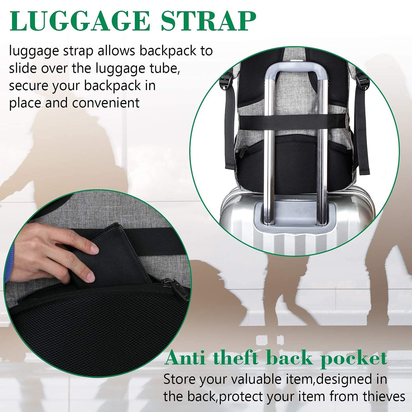 Mochila de viaje para portátil, delgada, resistente y antirrobo, con puerto de carga USB, resistente al agua, ideal para la universidad, la escuela, para hombres y mujeres, compatible con portátiles de 15,6 pulgadas, color gris