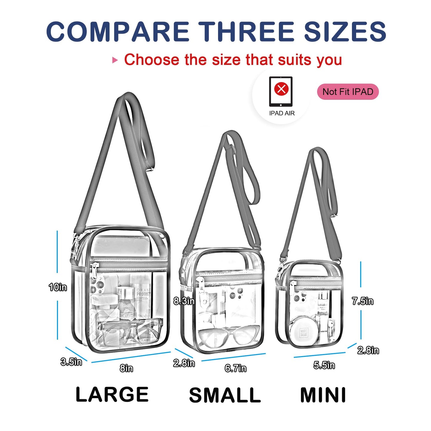 USPECLARE - Bolso bandolera transparente aprobado por estadios, para hombres y mujeres