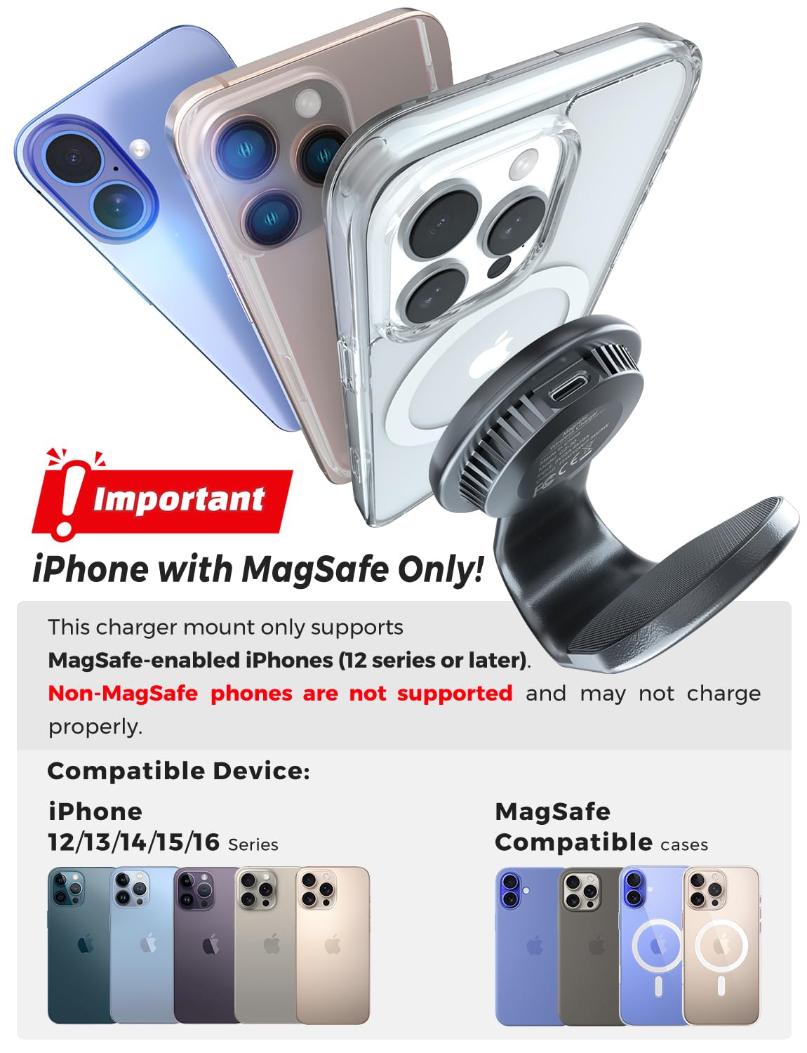 eSamcore Magsafe Cargador de montaje para automóvil, soporte magnético inalámbrico para teléfono de automóvil, desmontable de 15 W, carga rápida para tablero con brazo de aluminio flexible