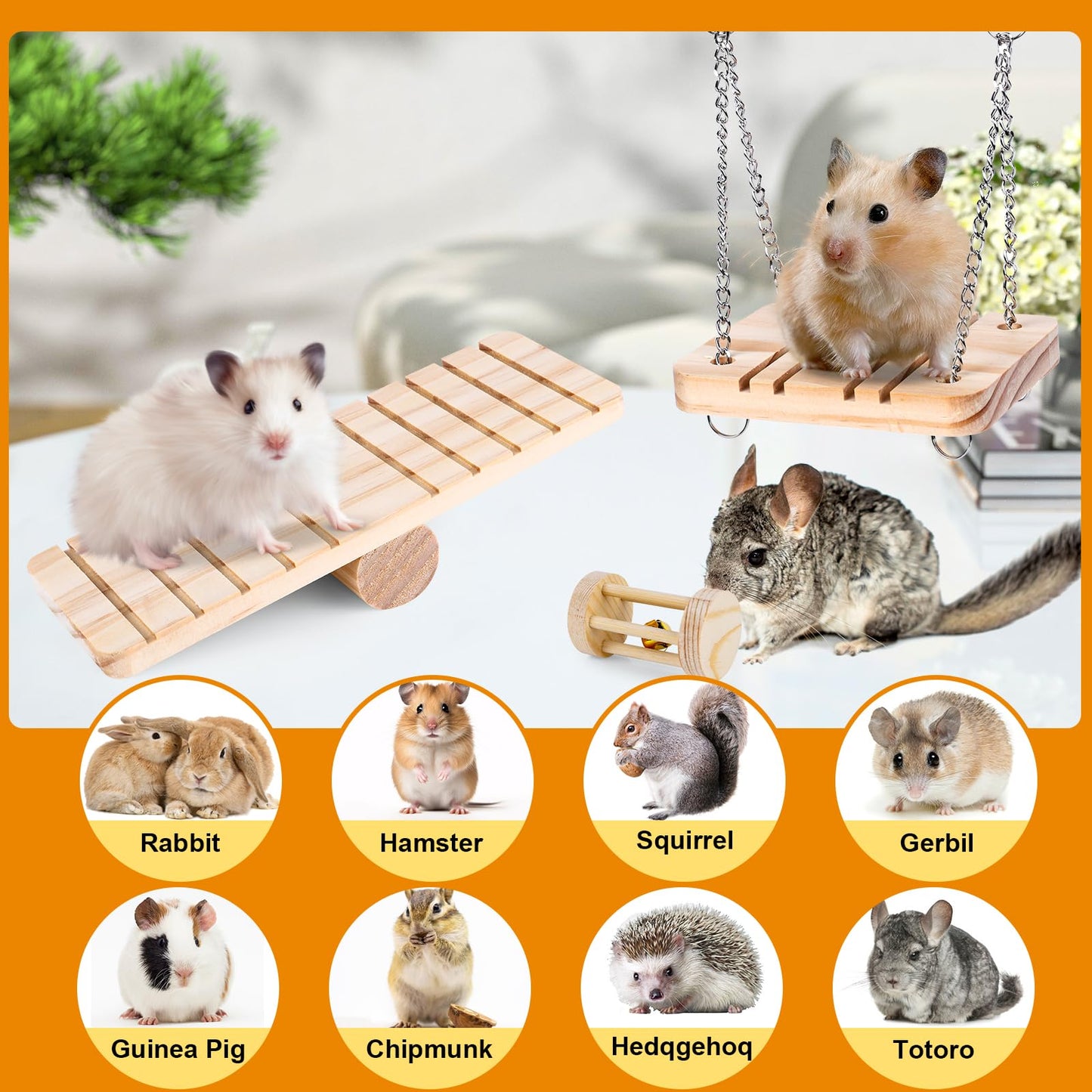 VESPRO Hamster Toys Set, Guinea Pig Toys Small Animal Chewing Toy and Rat Cage Accessories, Chinchillas, Gerbils, Rats, Rabbit Rodents Teeth Care, Apple Wood Timothy Hay Mouse Toy Swing Seesaw Bridge