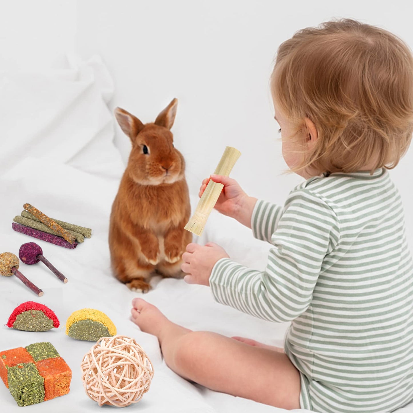 VESPRO Bunny Teys for Rabbits Hamster/Guinea Pig Toys Natural Timothy Hay Sticks chew Treats and Balls for Rabbit, Bunny, chinehila, Guirea Pig, Hamster, Bunny Teeth Care