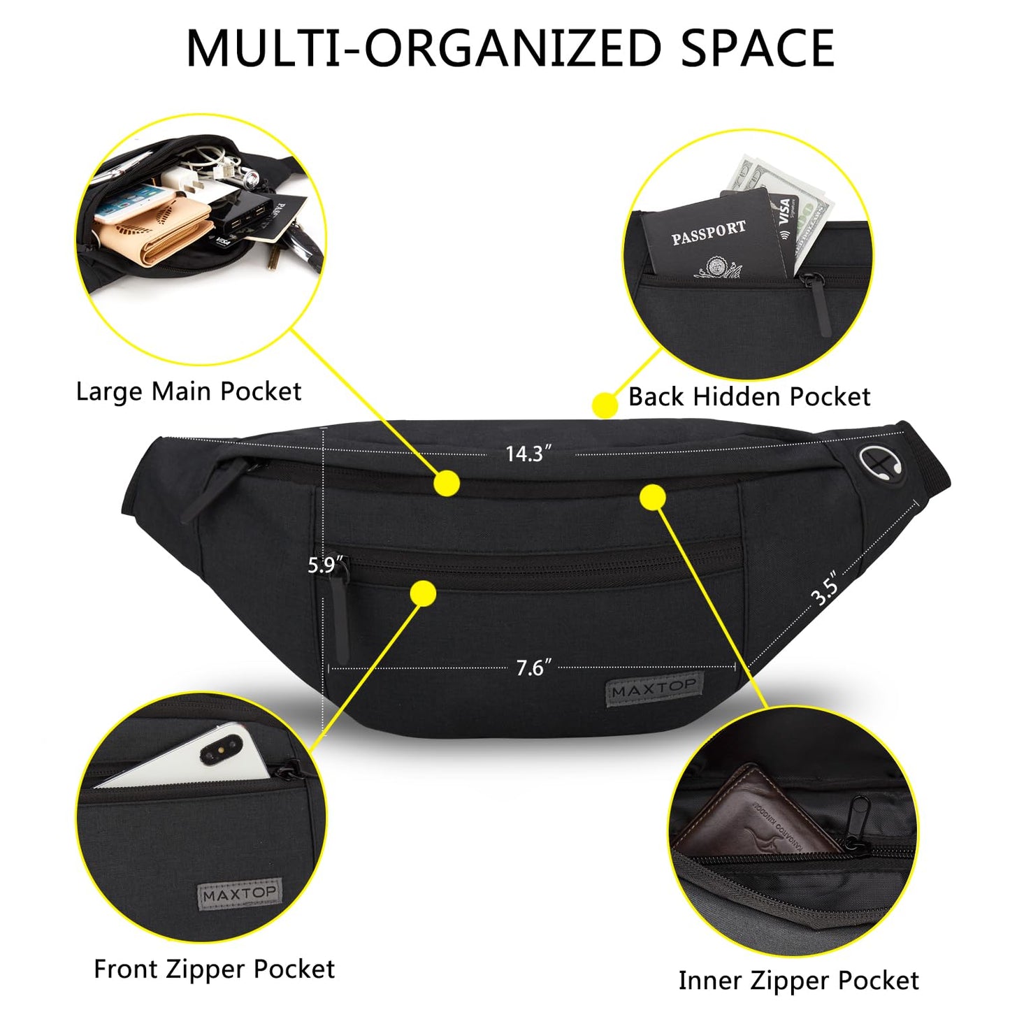 MAXTOP - Cangurera cruzada grande con 4 bolsillos con cremallera, ideal para eventos deportivos, festivales, entrenamiento, viajes, correr y uso informal, bolsa manos libres para cartera y teléfono