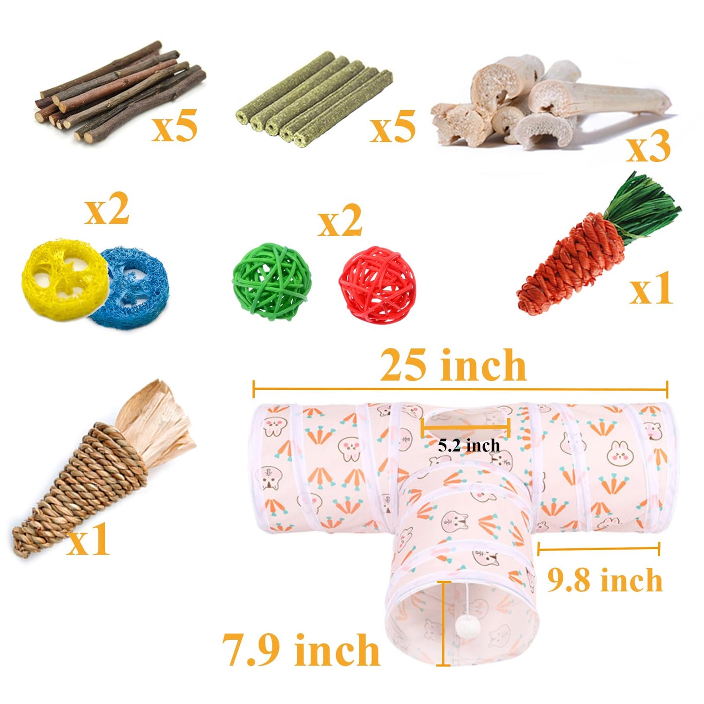 HERCOCCI Rabbit Toys, Bunny Tunnels & Tubes, Collapsible 3 Way Rabbit Hideout Tunnel with Chew Toys for Bunny Guinea Pig Ferret Kitten