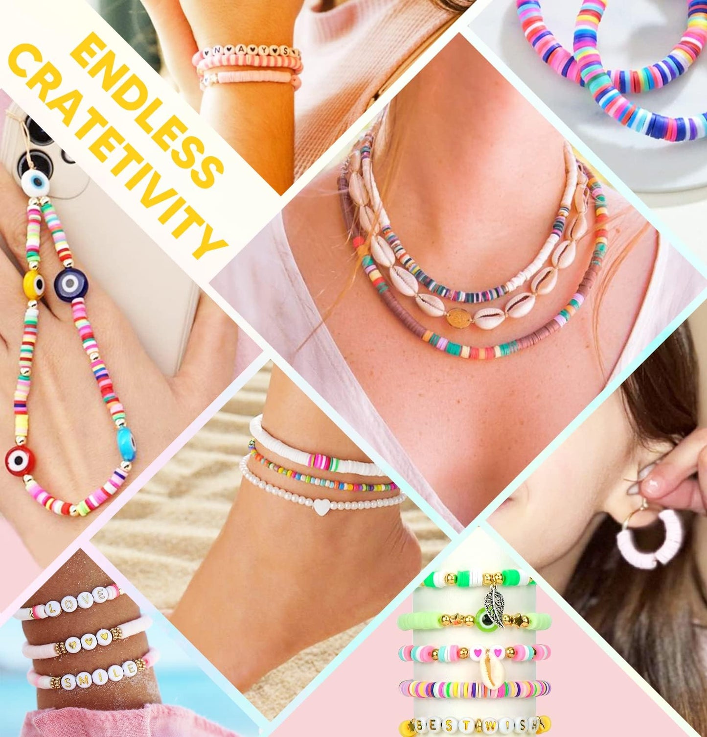Dowsabel Kit de fabricación de pulseras de cuentas de arcilla para principiantes, 5000 piezas de cuentas de arcilla polimérica con dijes para hacer joyas, manualidades y manualidades