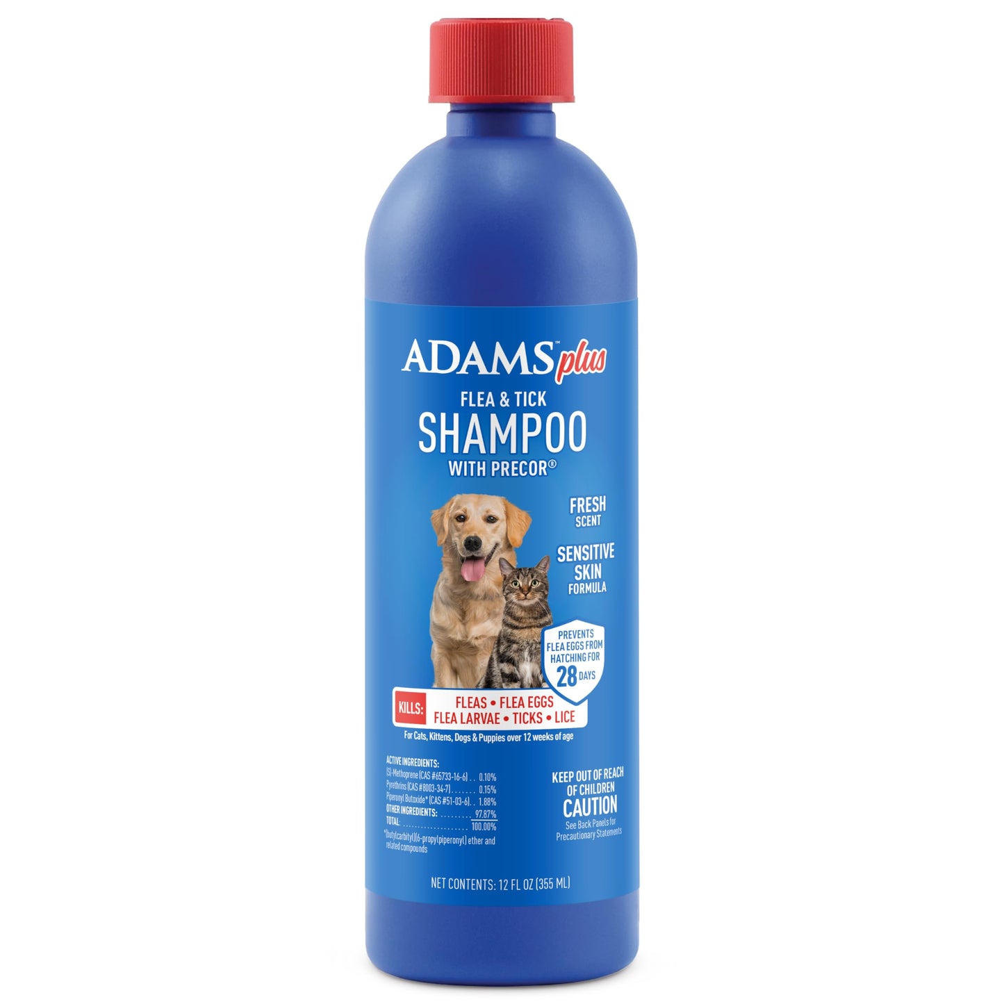 Adams Plus Flea & Tick Shampoo with Precor for Cats, Kittens, Dogs & Puppies Over 12 Weeks Of Age Sensitive Skin Flea Treatment | Kills Adult Fleas, Flea Eggs, Ticks, and Lice| 12 Ounces