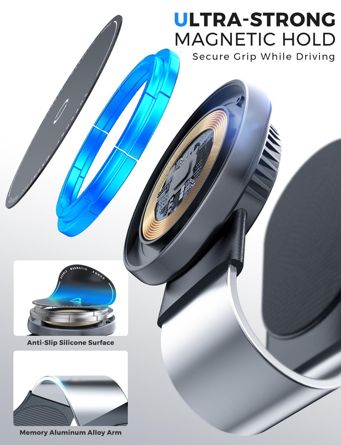 eSamcore Magsafe Cargador de montaje para automóvil, soporte magnético inalámbrico para teléfono de automóvil, desmontable de 15 W, carga rápida para tablero con brazo de aluminio flexible