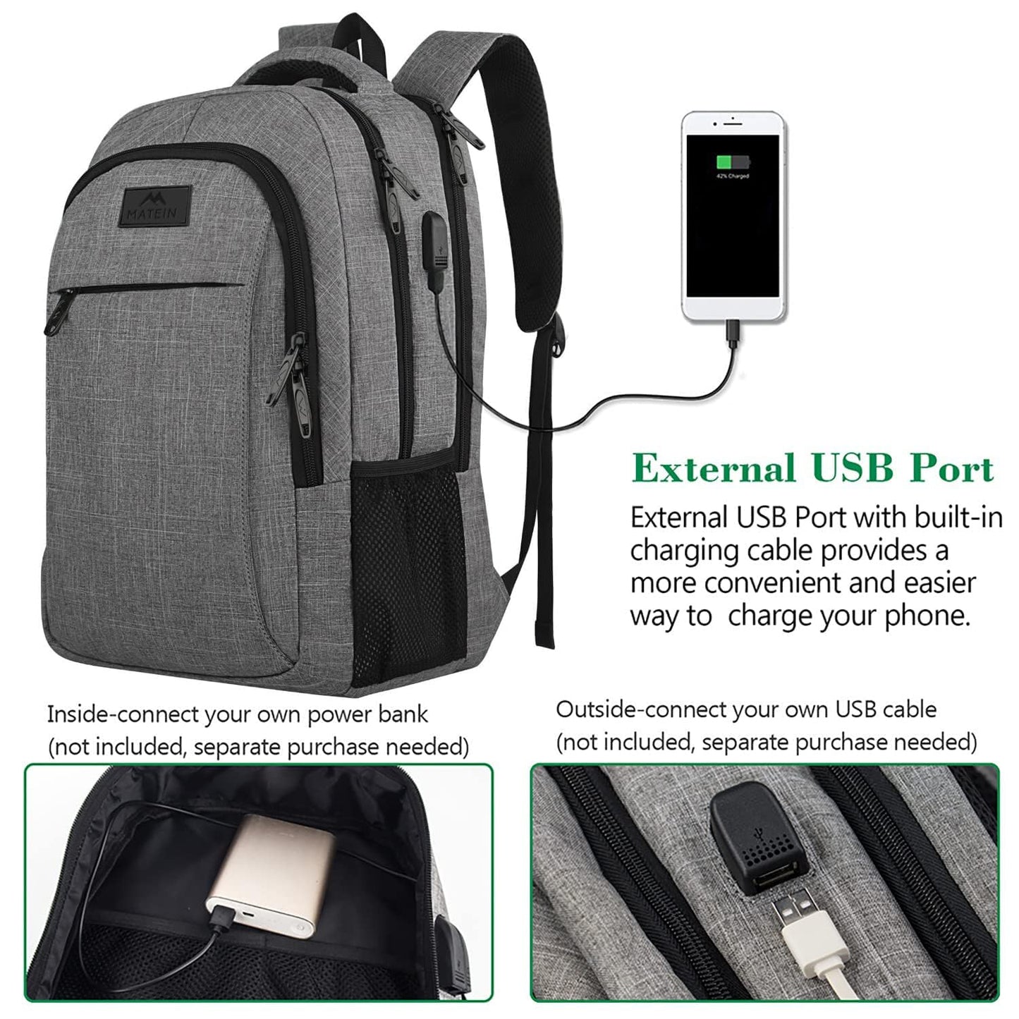 Mochila de viaje para portátil, delgada, resistente y antirrobo, con puerto de carga USB, resistente al agua, ideal para la universidad, la escuela, para hombres y mujeres, compatible con portátiles de 15,6 pulgadas, color gris