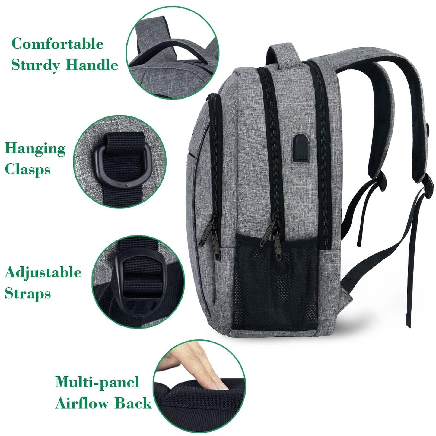 Mochila de viaje para portátil, delgada, resistente y antirrobo, con puerto de carga USB, resistente al agua, ideal para la universidad, la escuela, para hombres y mujeres, compatible con portátiles de 15,6 pulgadas, color gris