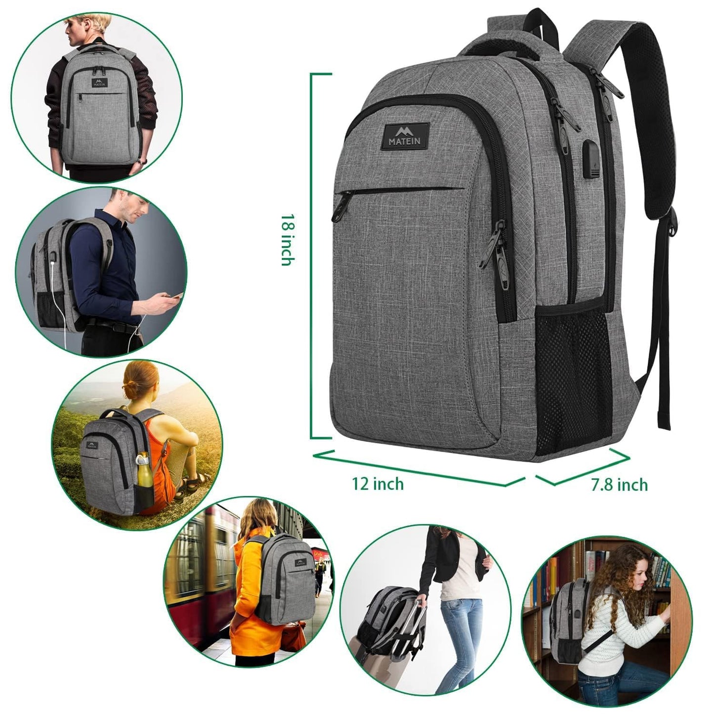 Mochila de viaje para portátil, delgada, resistente y antirrobo, con puerto de carga USB, resistente al agua, ideal para la universidad, la escuela, para hombres y mujeres, compatible con portátiles de 15,6 pulgadas, color gris