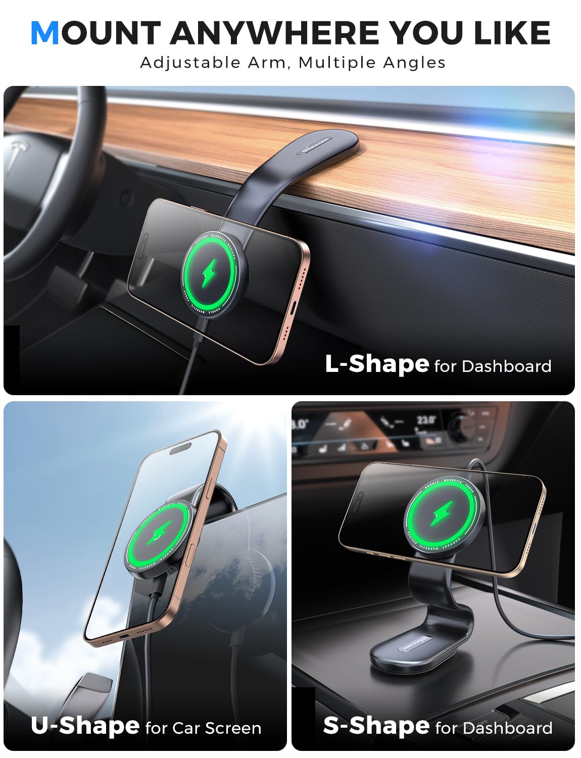 eSamcore Magsafe Cargador de montaje para automóvil, soporte magnético inalámbrico para teléfono de automóvil, desmontable de 15 W, carga rápida para tablero con brazo de aluminio flexible