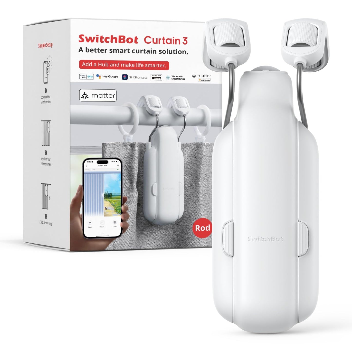 SwitchBot - Abrecortinas automático con control remoto Bluetooth y aplicación/temporizador, motor de alto rendimiento mejorado, funciona con con Alexa, Google Home, HomeKit (Curtain 3, cortinero)