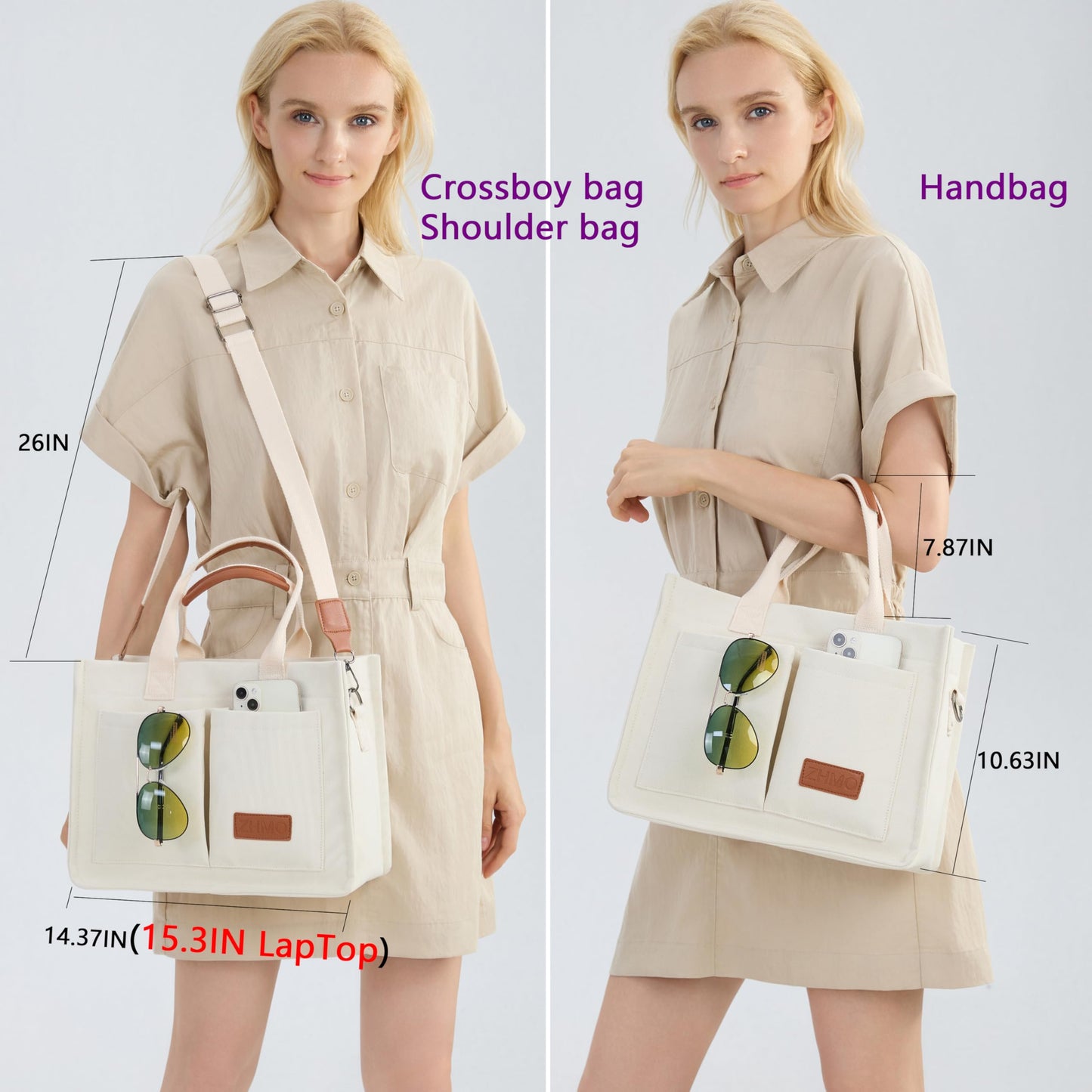 Bolsa grande de lona para mujer con bolsillos, bolso cruzado para laptop, bolso para todo el día, bolso para el trabajo, playa, gimnasio
