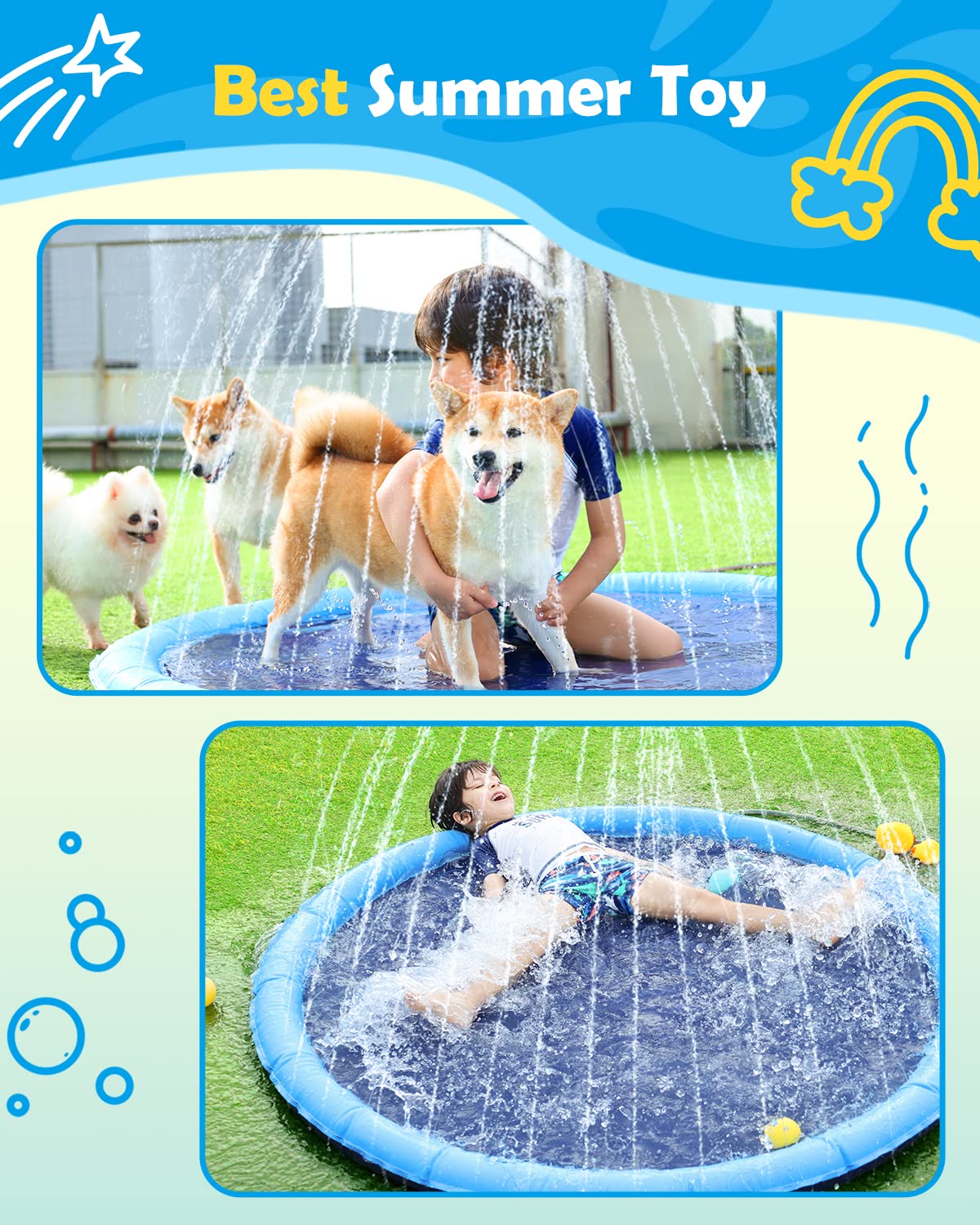 Peteast Alfombrilla de salpicaduras para perros y niños – Piscina antideslizante para perros grandes, 0.023 in de grosor, duradera alfombra de juego de agua al aire libre, juguete de aspersor