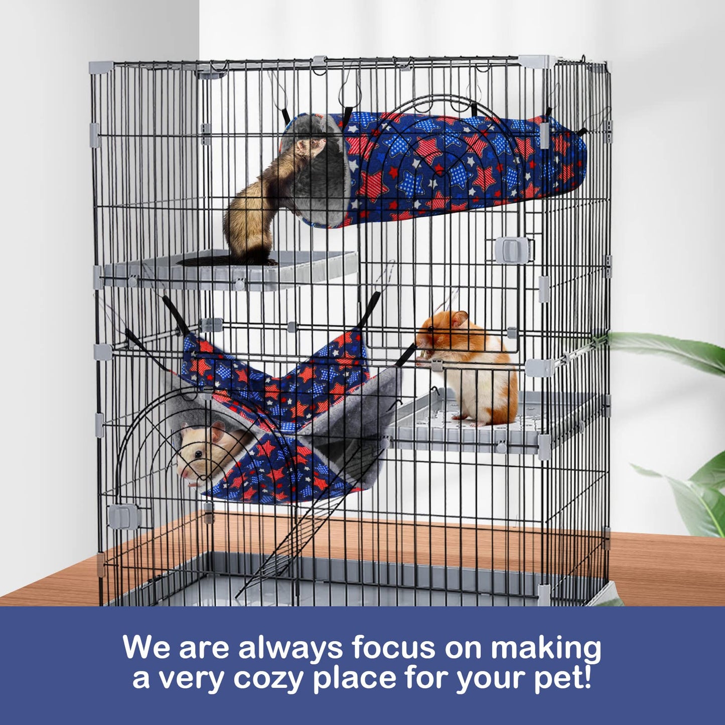 petonfun Ferret Rat Hammock Set Guinea Pig Hideout Bed,Soft Hamster Toys Hanging Tunnels and Tubes,Plush Small Animal Pet Chinchilla for Cage Accessories Hide,Play and Sleep,2 Pack,Blue Star