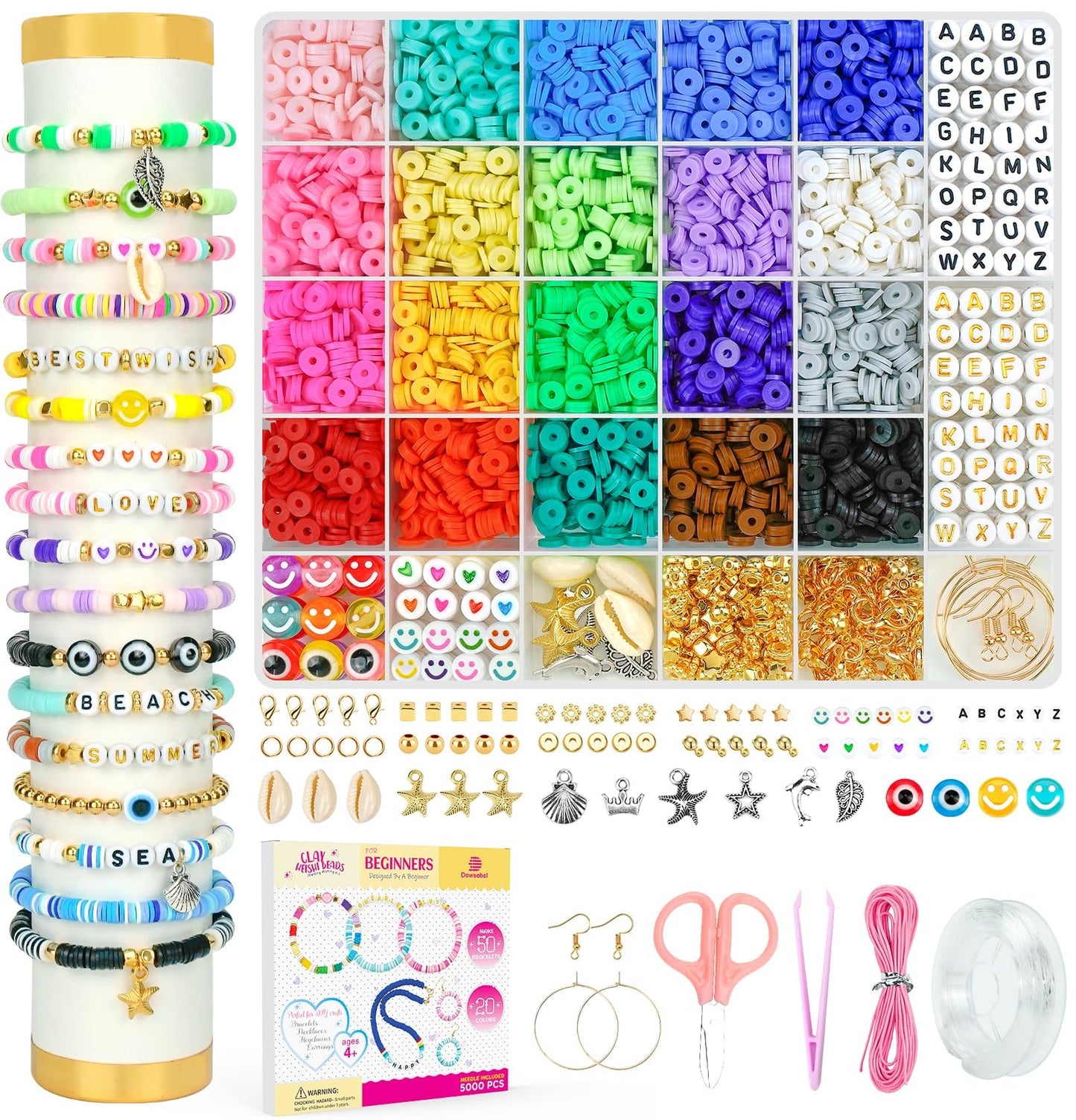 Dowsabel Kit de fabricación de pulseras de cuentas de arcilla para principiantes, 5000 piezas de cuentas de arcilla polimérica con dijes para hacer joyas, manualidades y manualidades