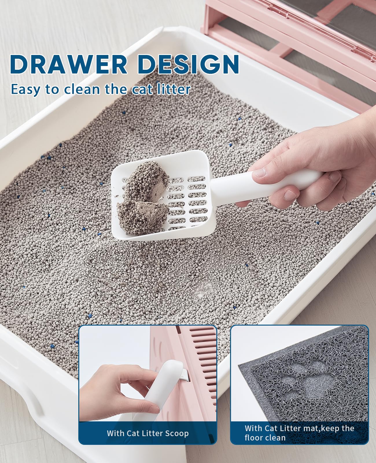 Medario Cat Litter Box with Litter Mat and Scoop, Large Foldable Litter Box with Lid, Front Entry Top Exit Kitty Box, Odor Control, Easy to Clean (Pink)